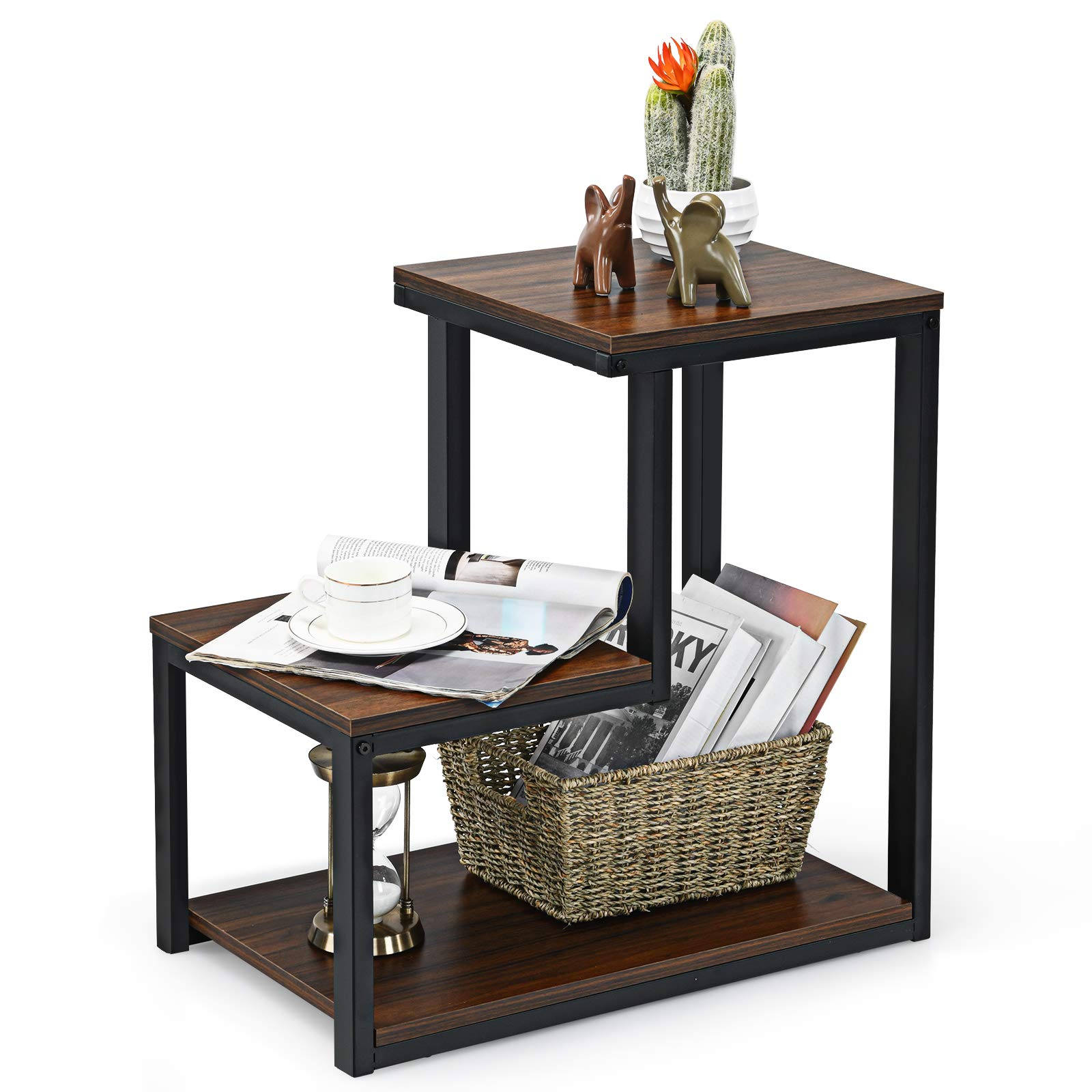 Tangkula Table d'appoint de canapé à 3 niveaux, table de chevet avec étagère de rangement
